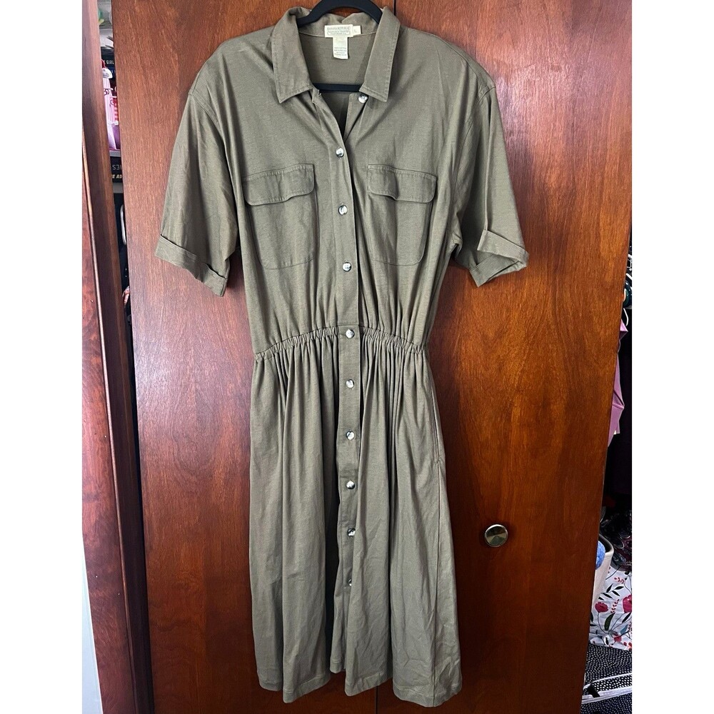 Vintage 1989 Banana Republic Safari Dress Olive Green Cotton Twill Utility L